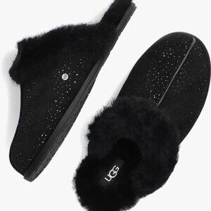 NIB UGG WOMEN'S SCUFFETTE METALLIC SPOTS BLACK‎ SUEDE SHEARLING LINED SLIPPERS